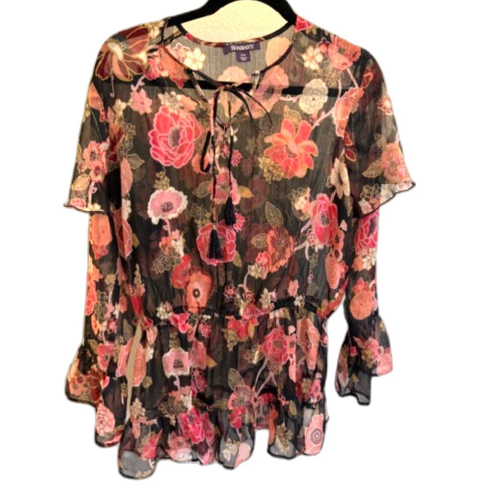 Roaman’s Floral Sheer Blouse Top Size 12W Boho Tassel Tie Long Sleeve